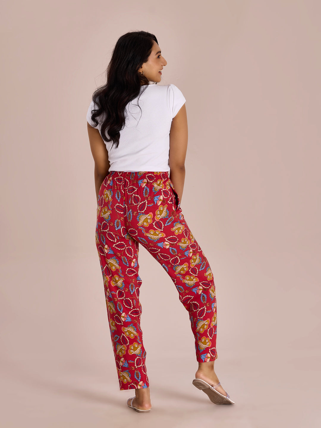 Women Printed Red Woven Viscose Lounge Pants
