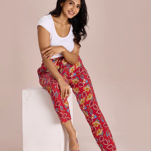 Women Printed Red Woven Viscose Lounge Pants