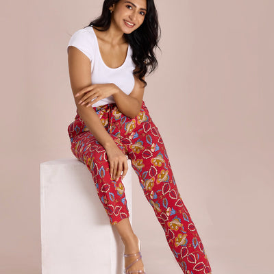 Women Printed Red Woven Viscose Lounge Pants