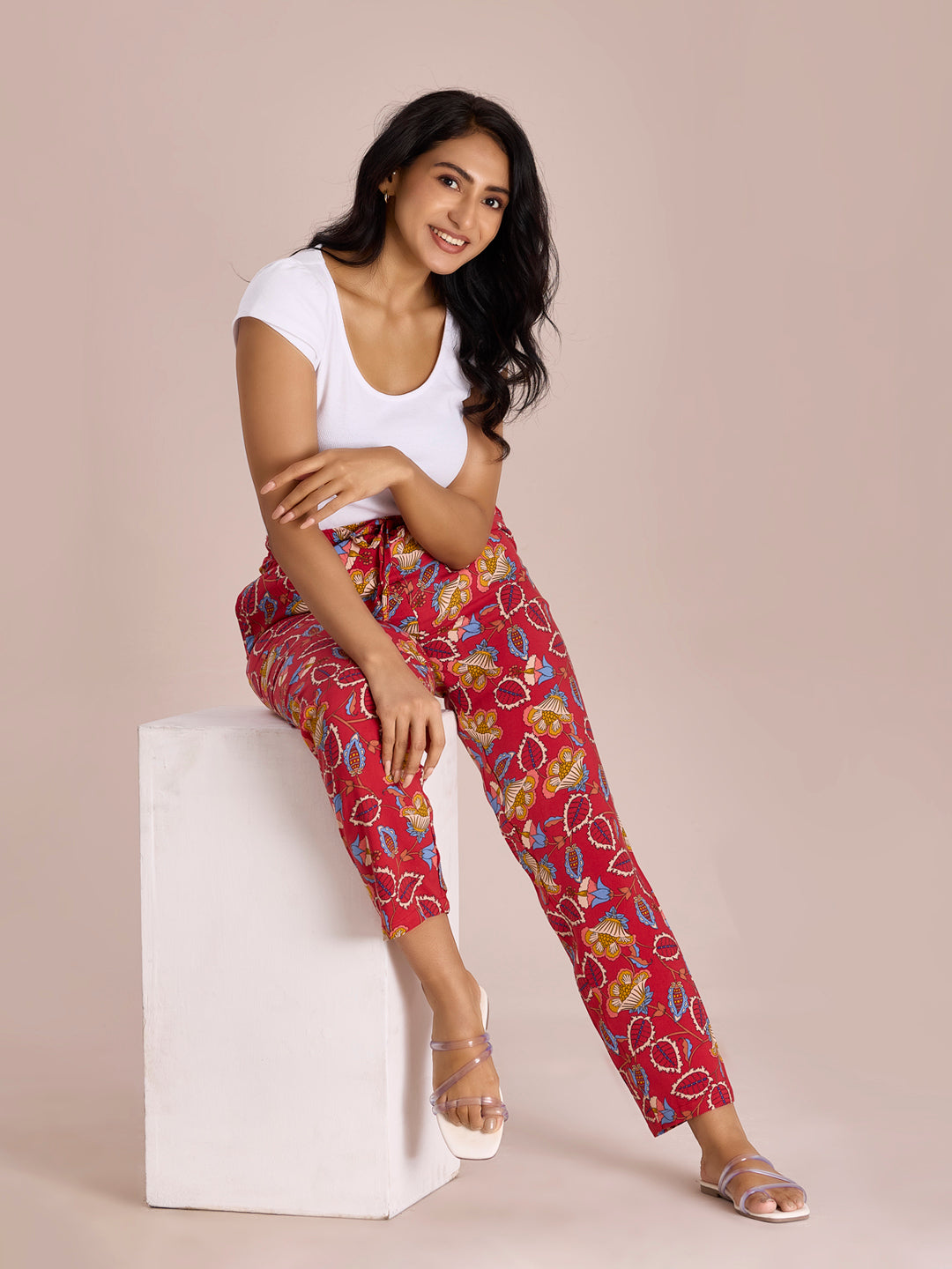 Women Printed Red Woven Viscose Lounge Pants