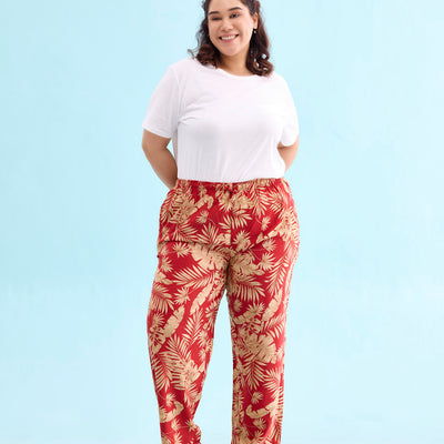 Women Printed Red Mid Rise Woven Viscose Lounge Pants