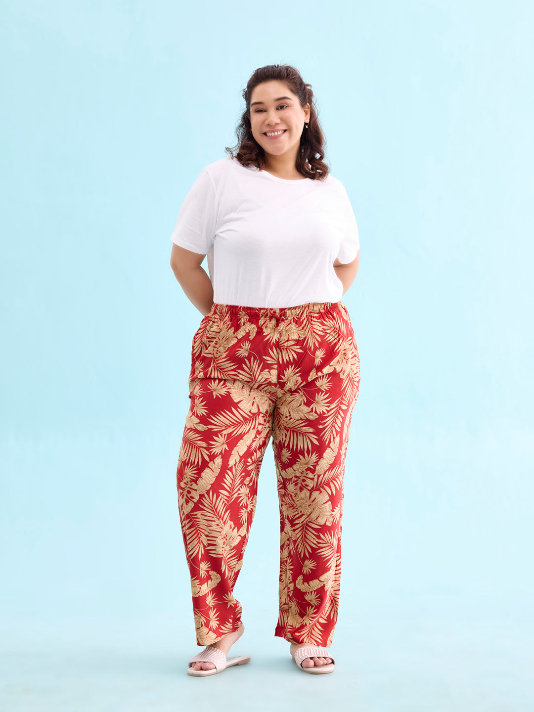 Women Printed Red Mid Rise Woven Viscose Lounge Pants