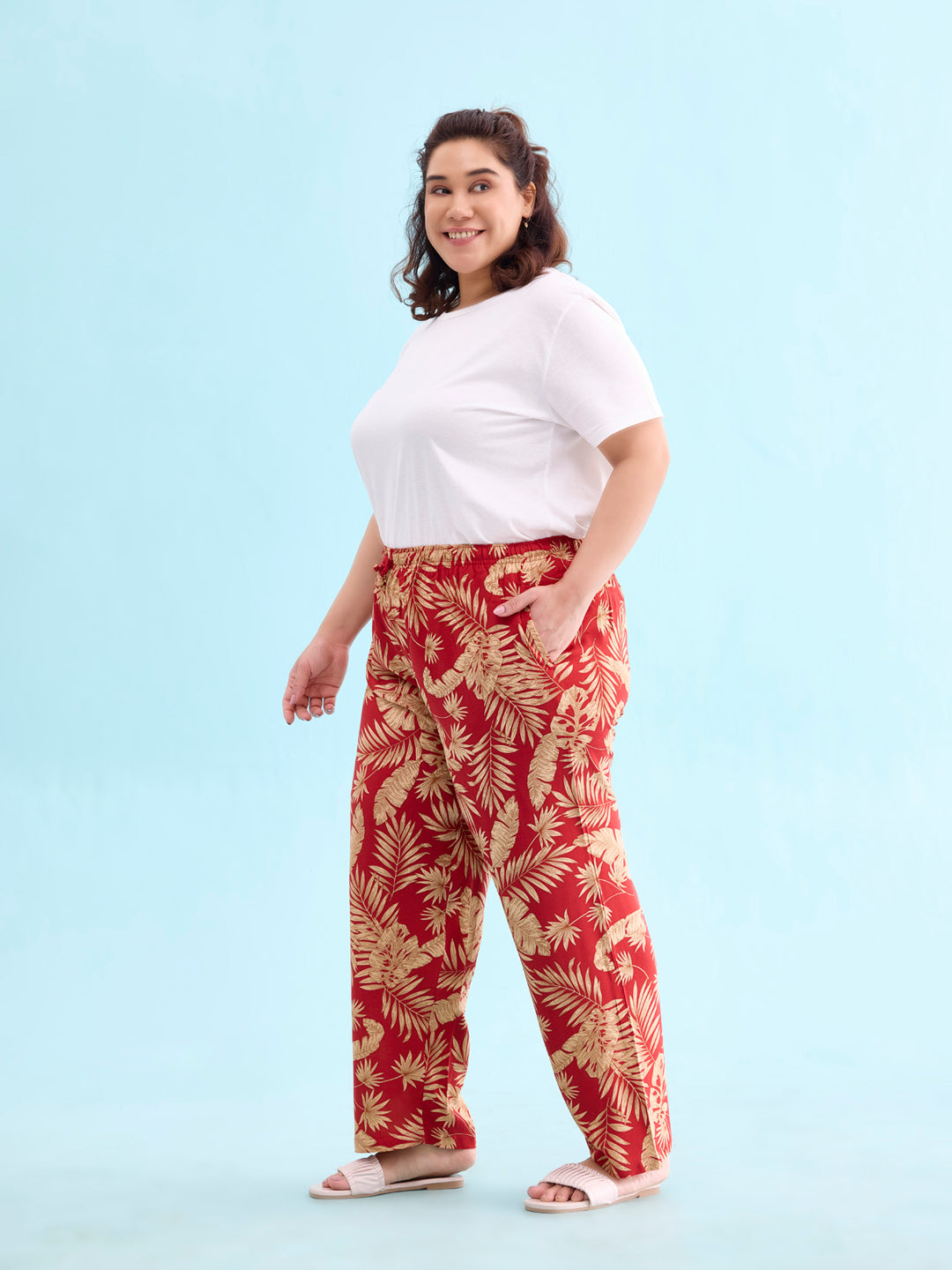 Women Printed Red Mid Rise Woven Viscose Lounge Pants