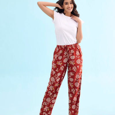Women Printed Rust Woven Viscose Lounge Pants