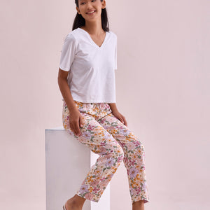 Women Printed Whites Woven Viscose Lounge Pants