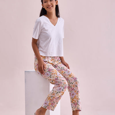 Women Printed Whites Woven Viscose Lounge Pants