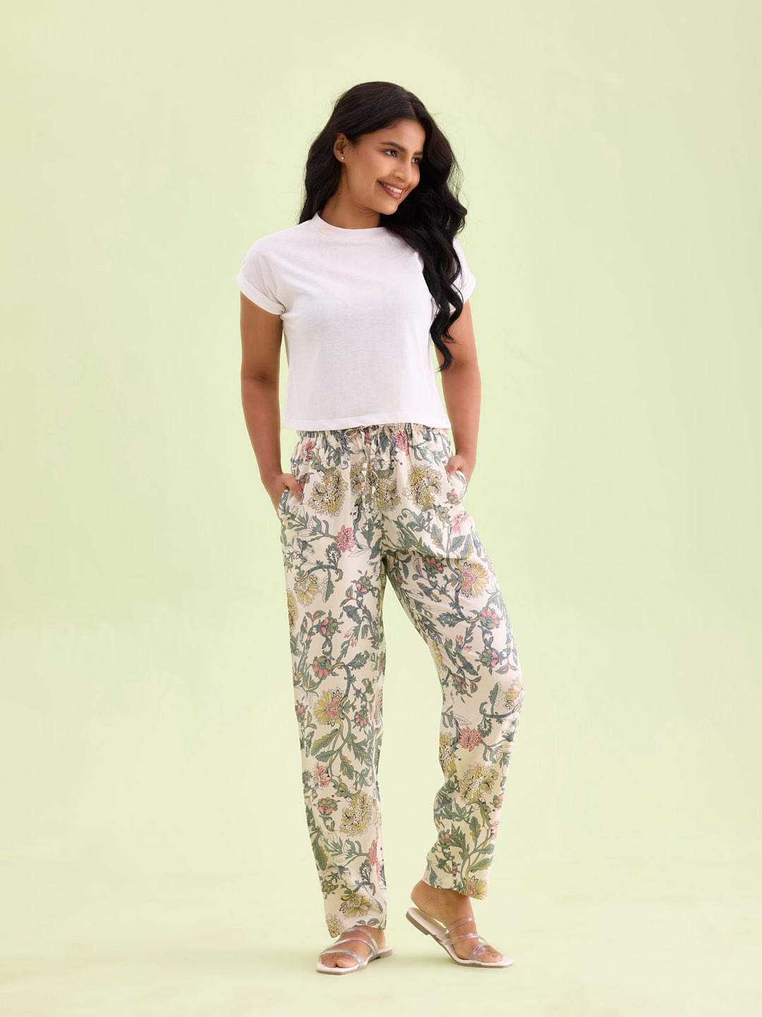 Women White Printed Woven Viscose Lounge Pants