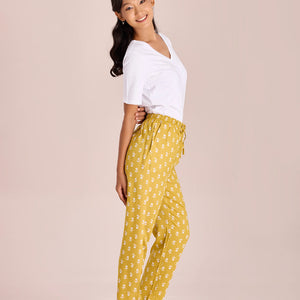 Women Printed Yellow Woven Mid Rise Viscose Lounge Pants