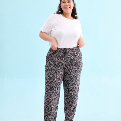 Women Printed Blacks Mid Rise Cotton Knit Lounge Pants