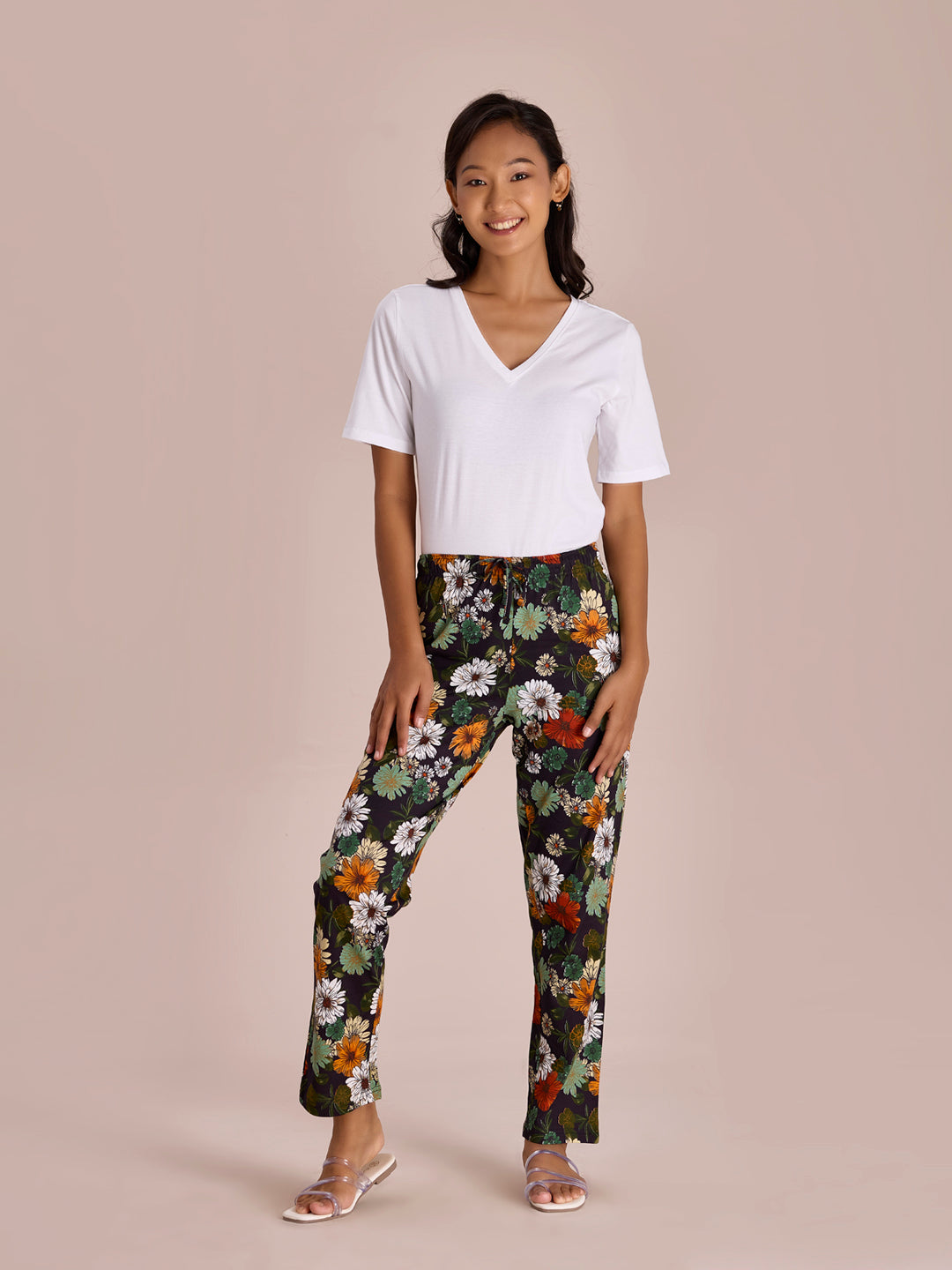 Women Printed Black Cotton Knit Mid Rise Lounge Pants