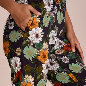 Women Printed Black Cotton Knit Mid Rise Lounge Pants