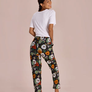 Women Printed Black Cotton Knit Mid Rise Lounge Pants