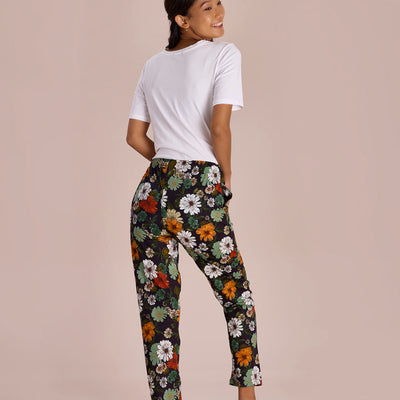 Women Printed Black Cotton Knit Mid Rise Lounge Pants