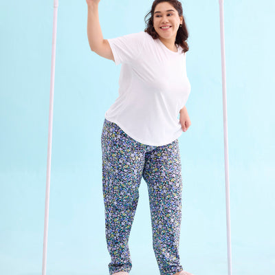 Women Printed Black Cotton Knit Mid Rise Lounge Pant