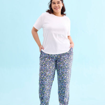 Women Printed Black Cotton Knit Mid Rise Lounge Pant