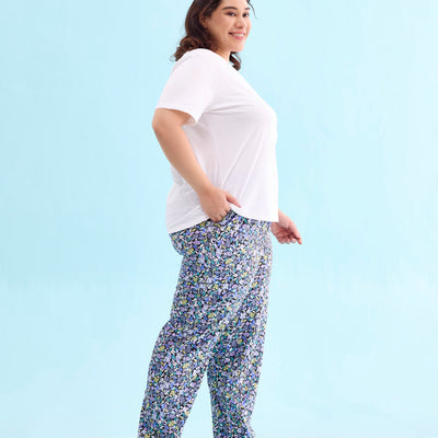 Women Printed Black Cotton Knit Mid Rise Lounge Pant