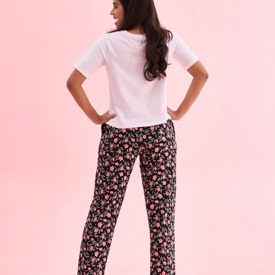 Women Black Printed Cotton Knit Lounge Pants