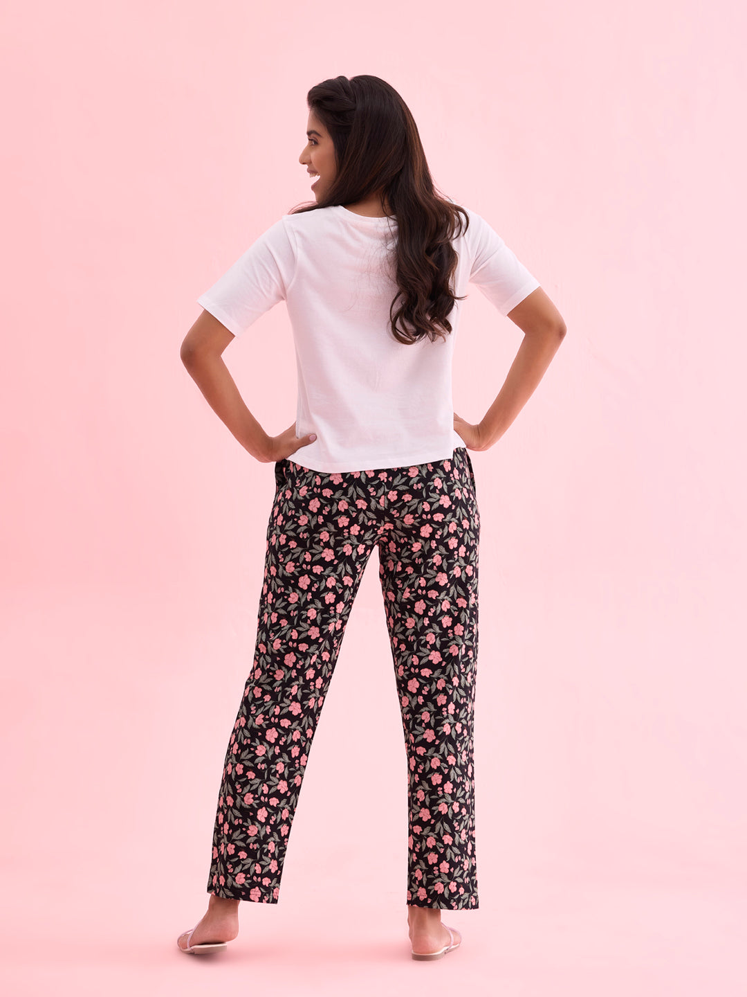 Women Black Printed Cotton Knit Lounge Pants