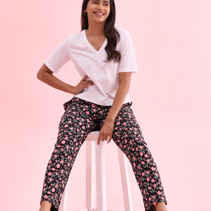 Women Black Printed Cotton Knit Lounge Pants