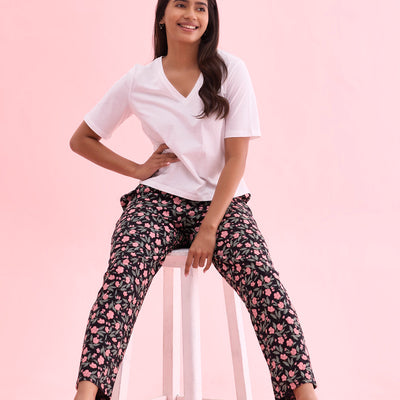Women Black Printed Cotton Knit Lounge Pants