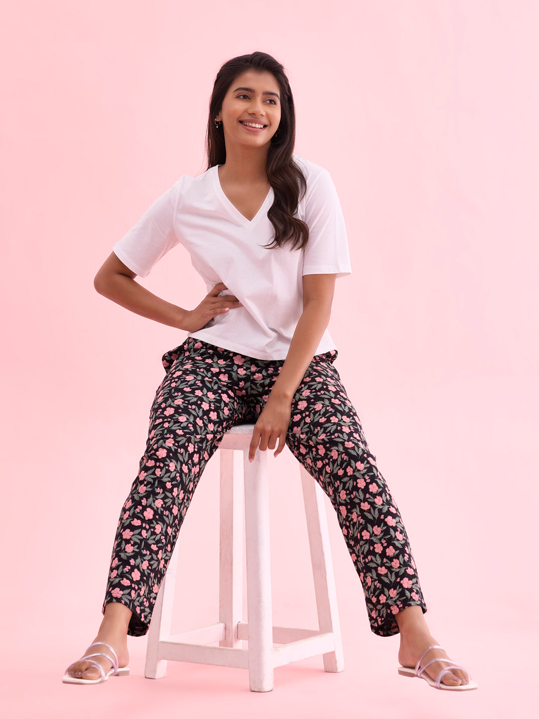 Women Black Printed Cotton Knit Lounge Pants