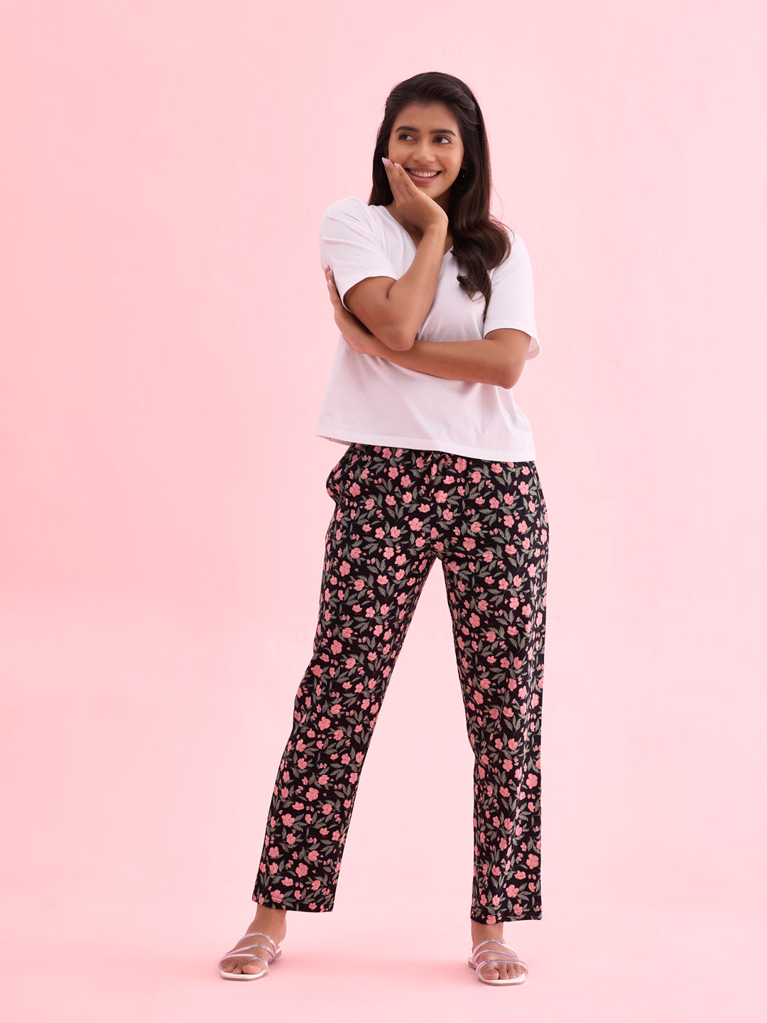 Women Black Printed Cotton Knit Lounge Pants