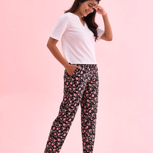 Women Black Printed Cotton Knit Lounge Pants