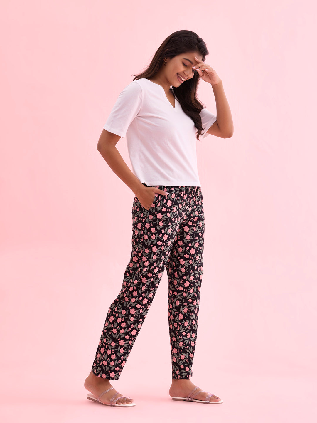 Women Black Printed Cotton Knit Lounge Pants