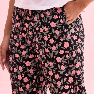 Women Black Printed Cotton Knit Lounge Pants