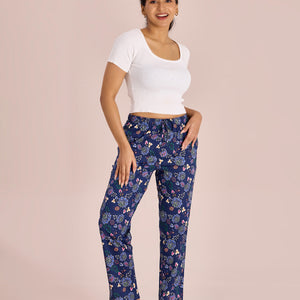Women Printed Blue Cotton Knit Lounge Pants