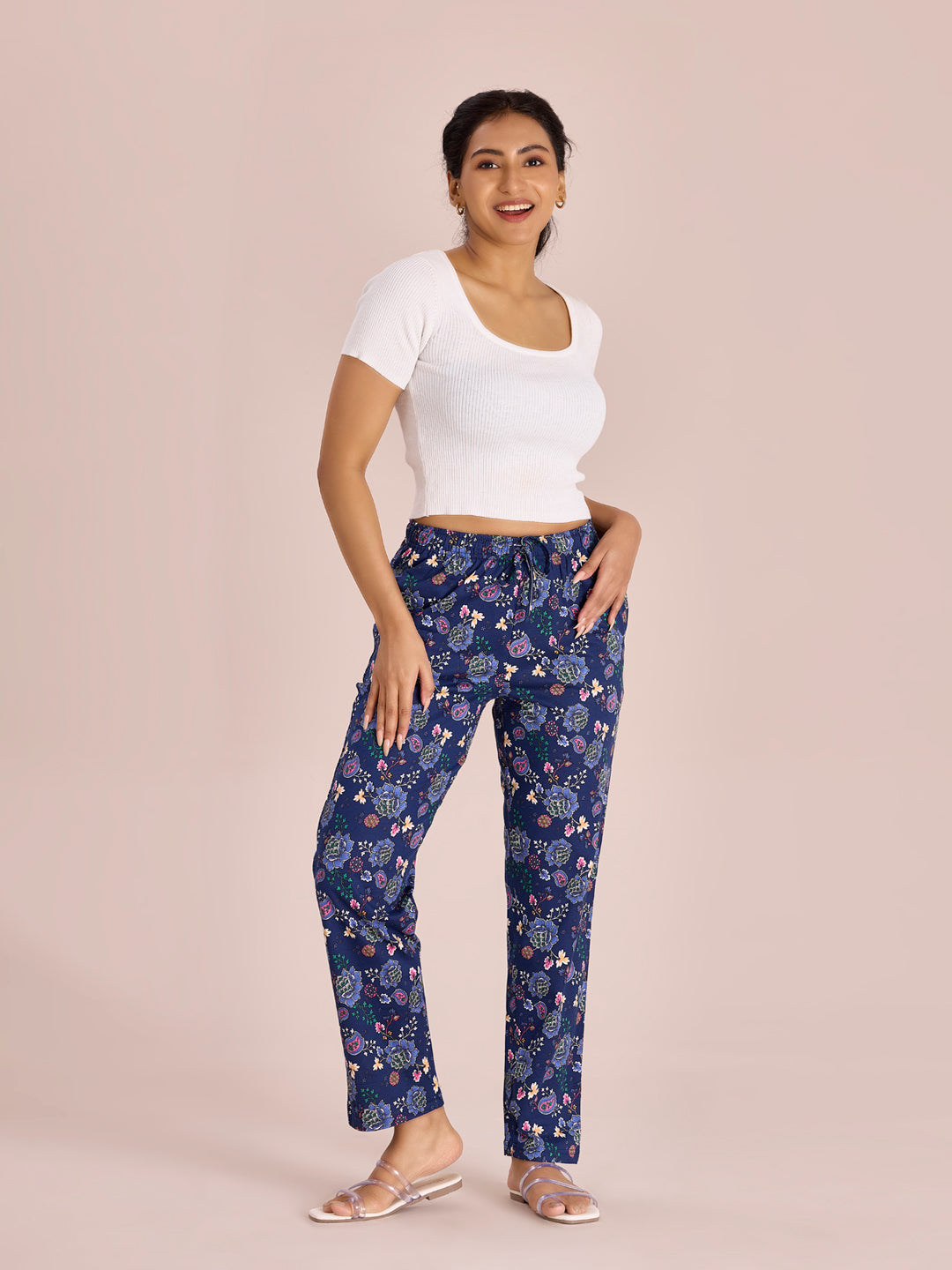 Women Printed Blue Cotton Knit Lounge Pants
