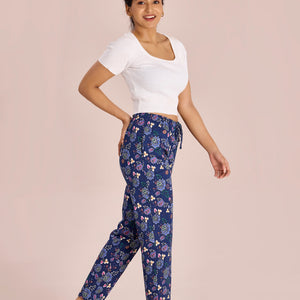 Women Printed Blue Cotton Knit Lounge Pants