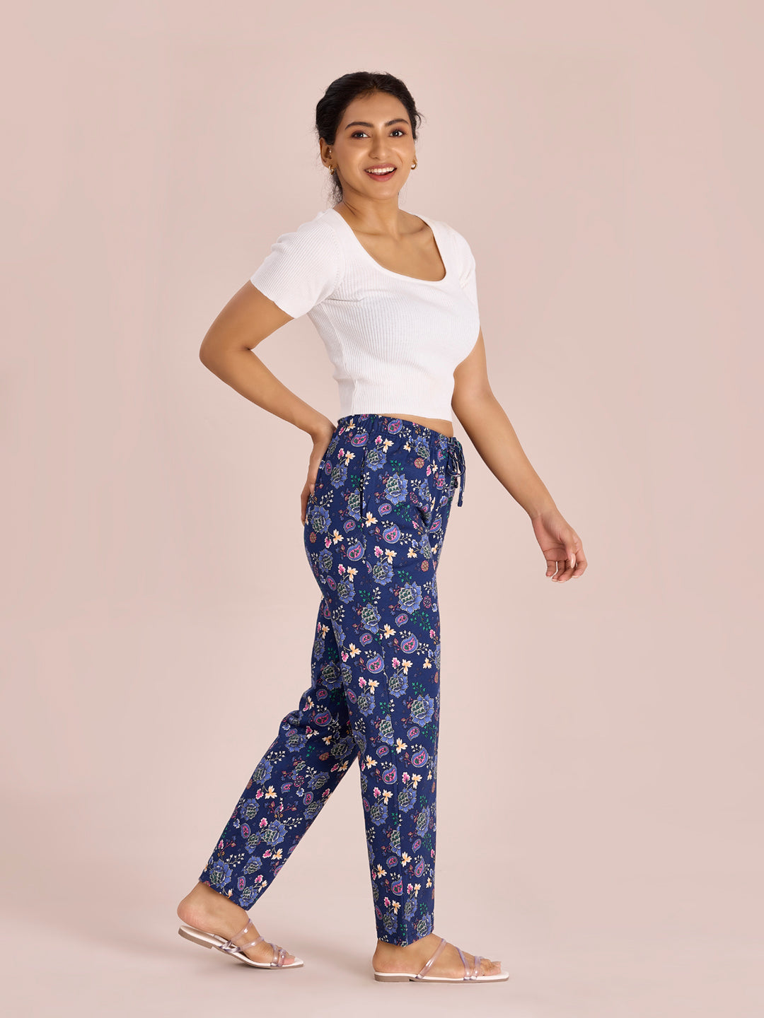 Women Printed Blue Cotton Knit Lounge Pants
