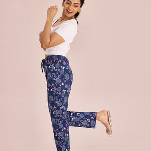 Women Printed Blue Cotton Knit Lounge Pants