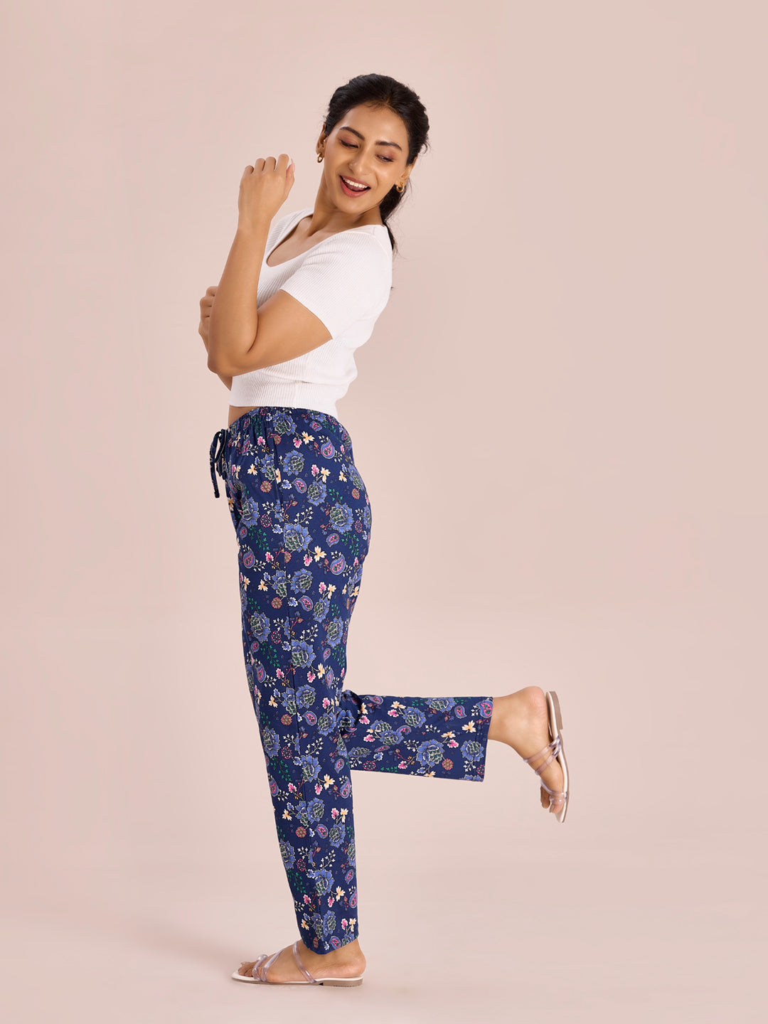 Women Printed Blue Cotton Knit Lounge Pants