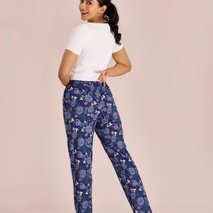 Women Printed Blue Cotton Knit Lounge Pants