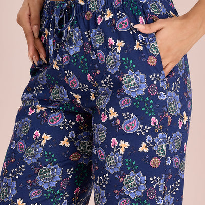 Women Printed Blue Cotton Knit Lounge Pants
