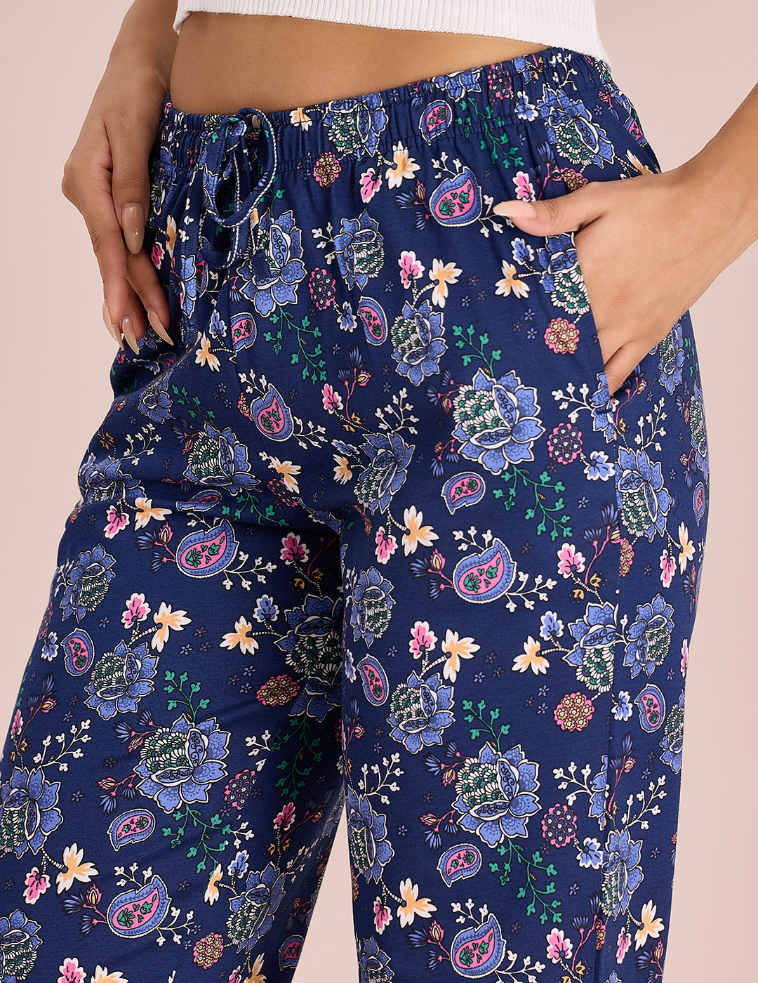Women Printed Blue Cotton Knit Lounge Pants