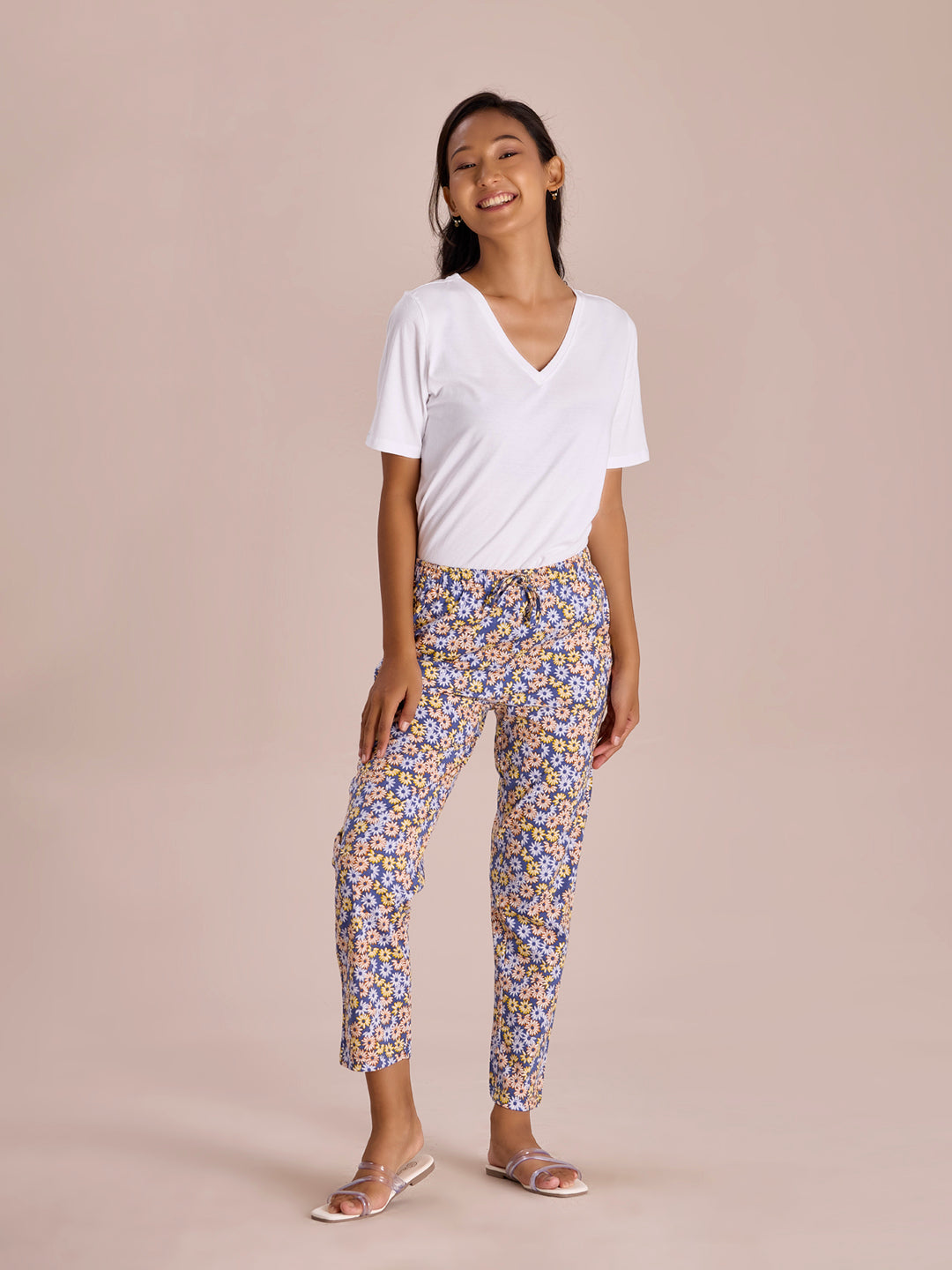 Women Printed Blues Cotton Knit Lounge Pants