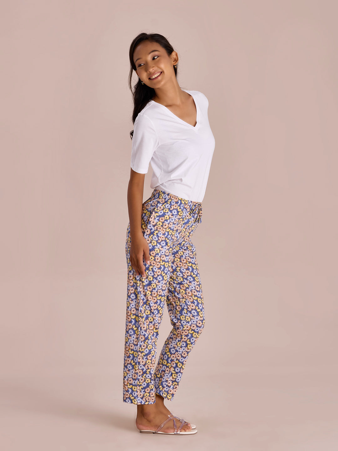 Women Printed Blues Cotton Knit Lounge Pants