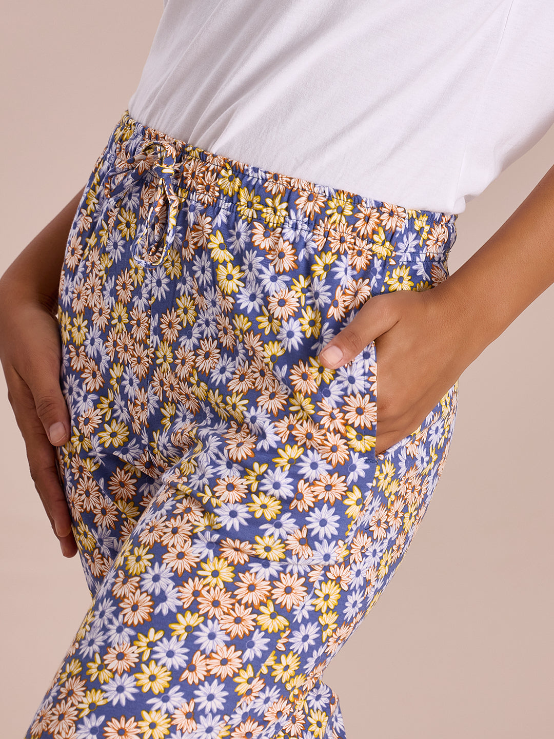 Women Printed Blues Cotton Knit Lounge Pants