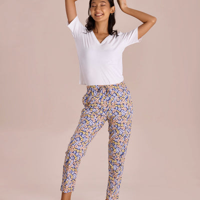 Women Printed Blues Cotton Knit Lounge Pants