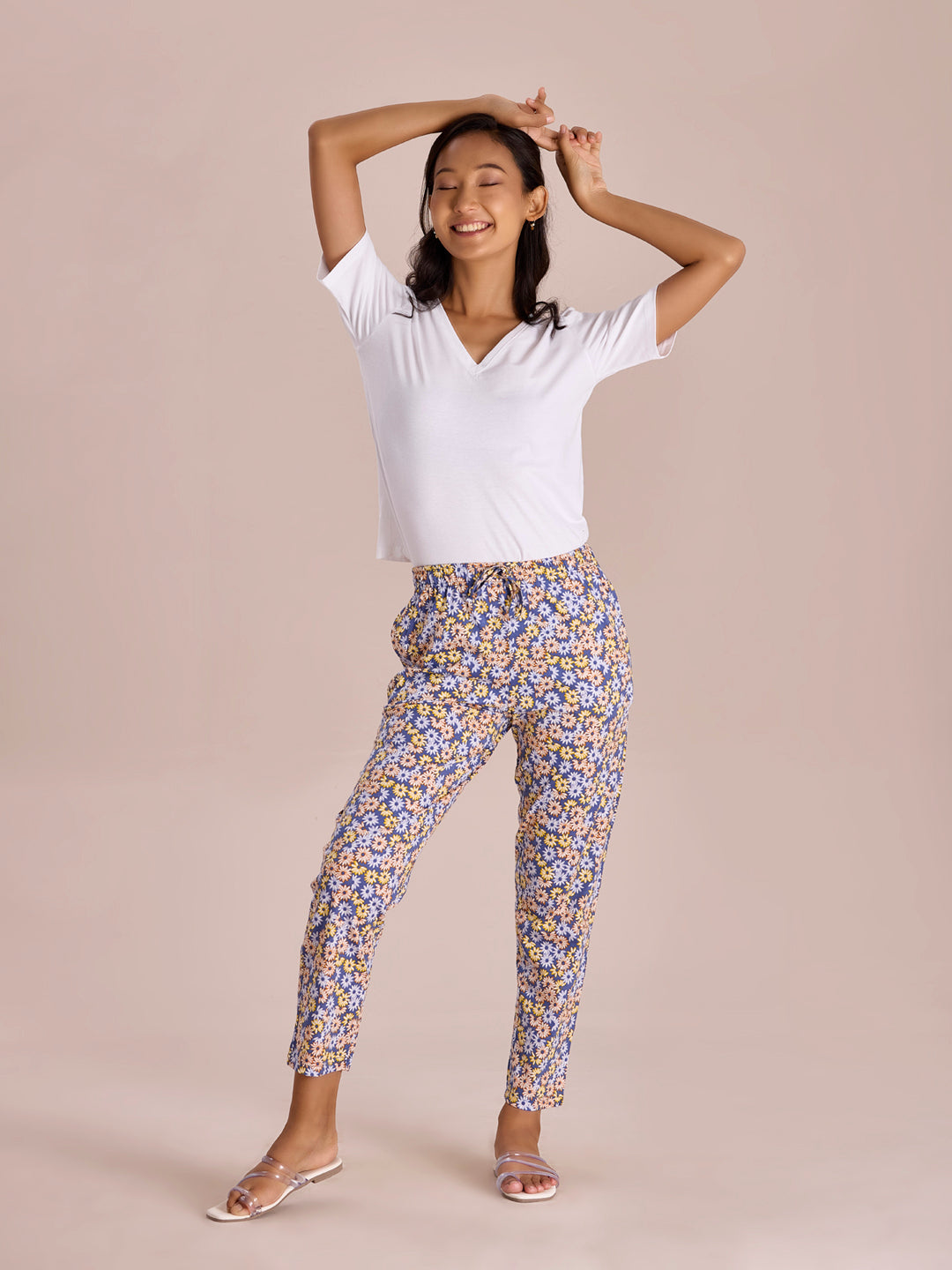 Women Printed Blues Cotton Knit Lounge Pants