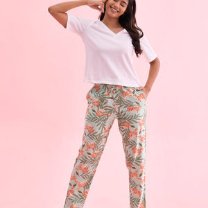 Women Printed Green Cotton Knit Lounge Pants