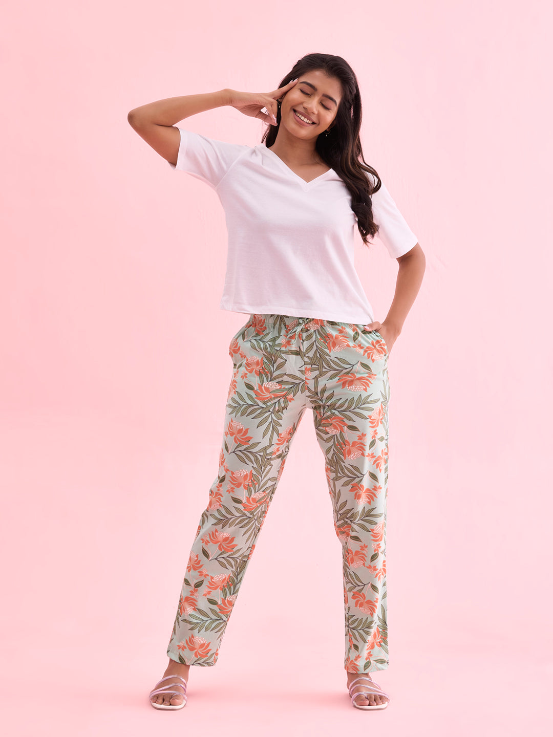 Women Printed Green Cotton Knit Lounge Pants