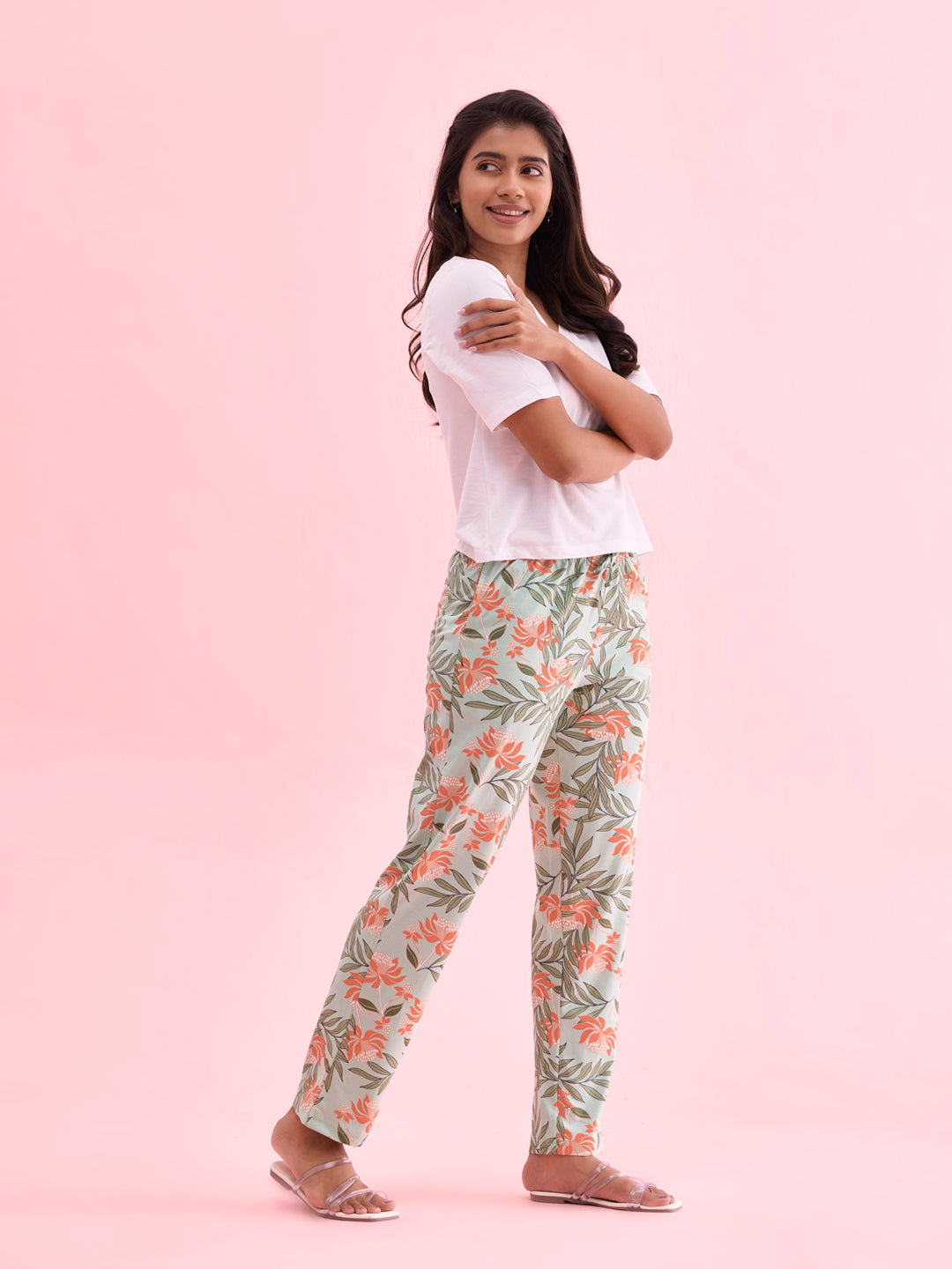 Women Printed Green Cotton Knit Lounge Pants