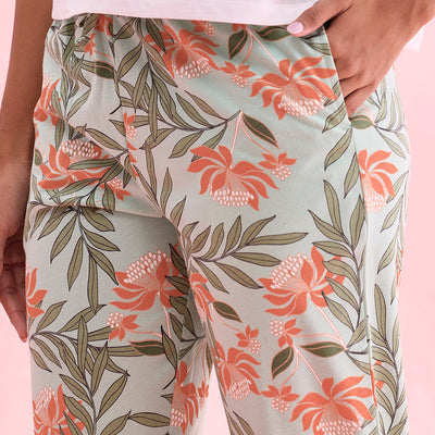 Women Printed Green Cotton Knit Lounge Pants