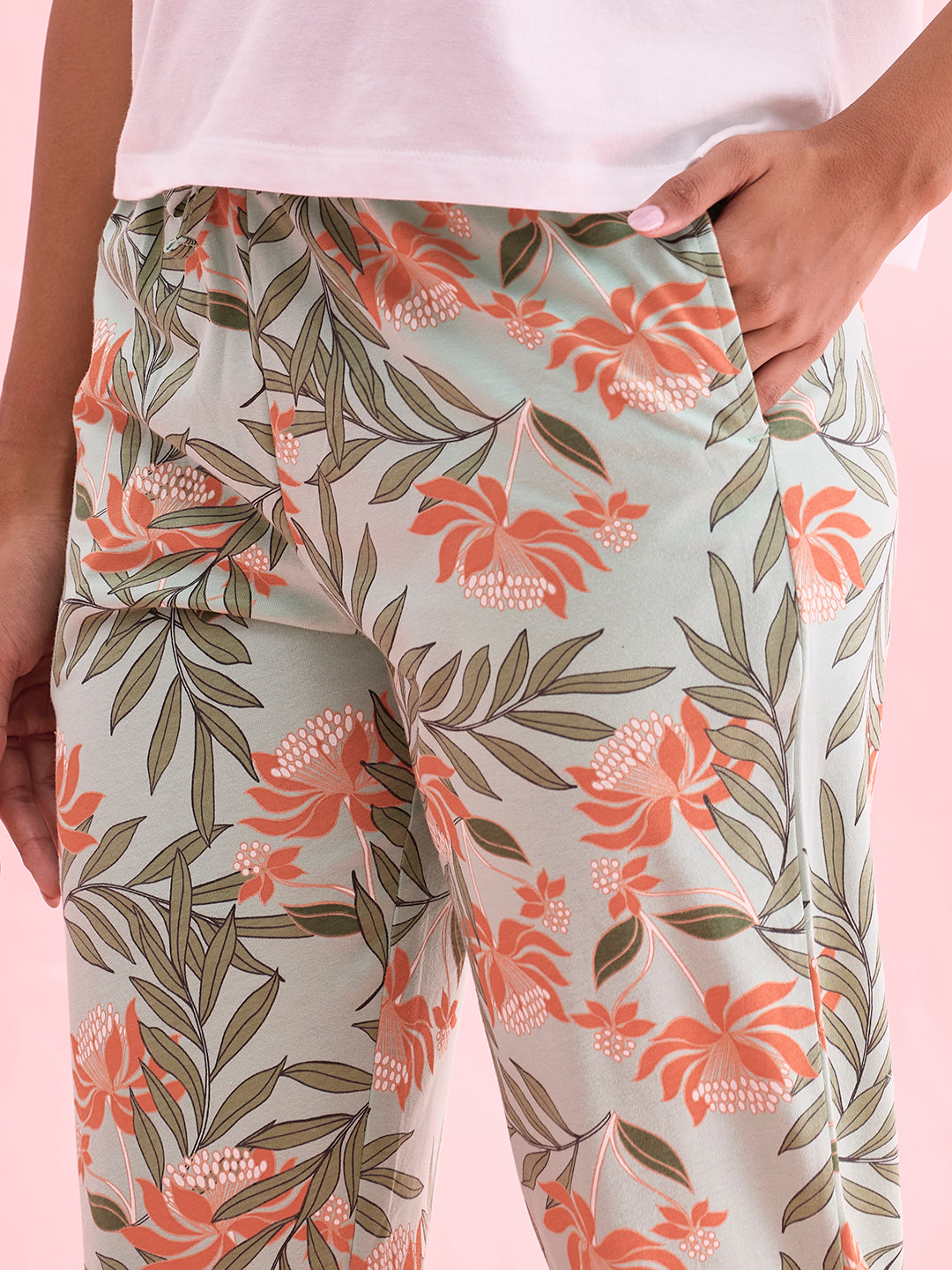 Women Printed Green Cotton Knit Lounge Pants