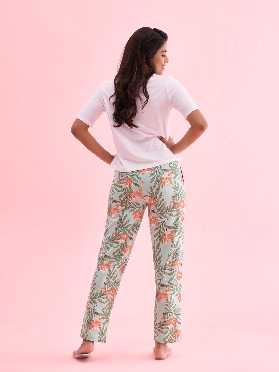 Women Printed Green Cotton Knit Lounge Pants