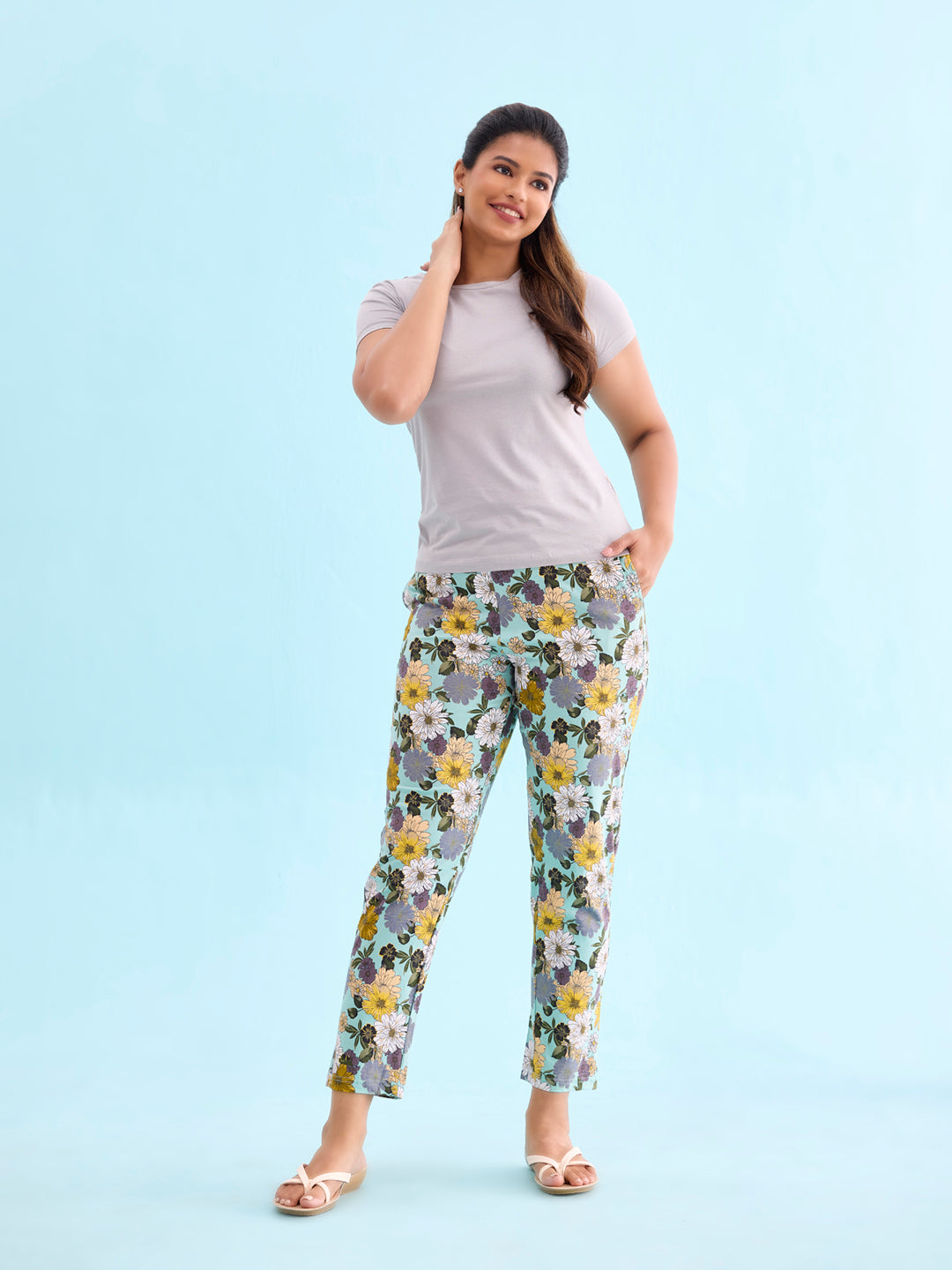 Women Printed Green Mid Rise Cotton Knit Lounge Pant